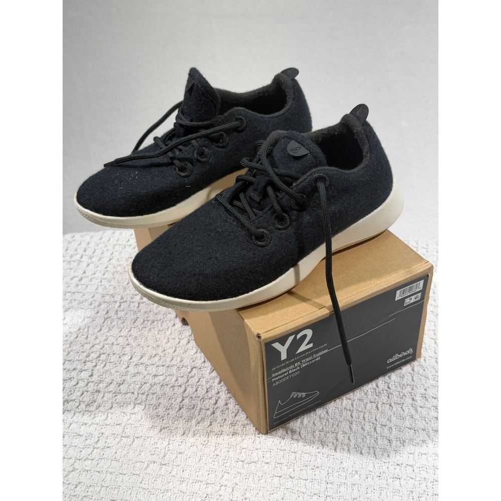 Allbirds Smallbirds Wool Runners Boys Y2 Black Merino Lace Up Sneakers With Box